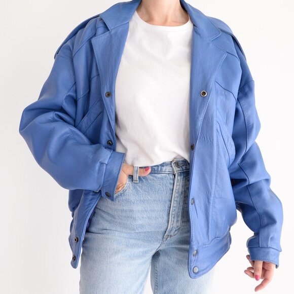 Women's Blue Leather Jacket - Picture 3 of 14
